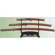 Set of 3 Red Samurai Swords with Stand